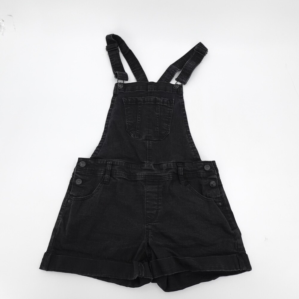 WallFlower Overalls Juniors Medium Black Denim Shortall Cuffed Shorts Pockets